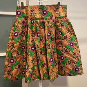 Bright Orange and Green Patterned Skirt With Pleats And Zipper, EUC